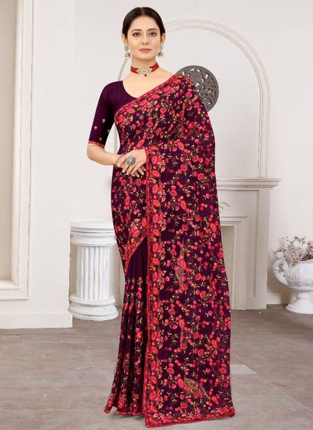 Wine Colour Party Wear Georgette Stylish Latest Heavy Designer Saree Collection 1206